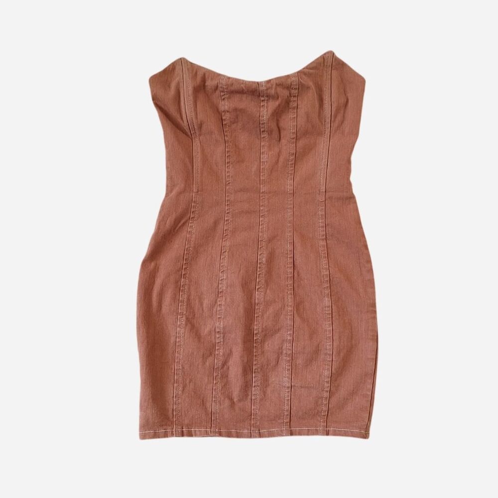 Blanc Clothing Rust Denim Corset Strapless Bodycon Mini Dress S Gold Zip